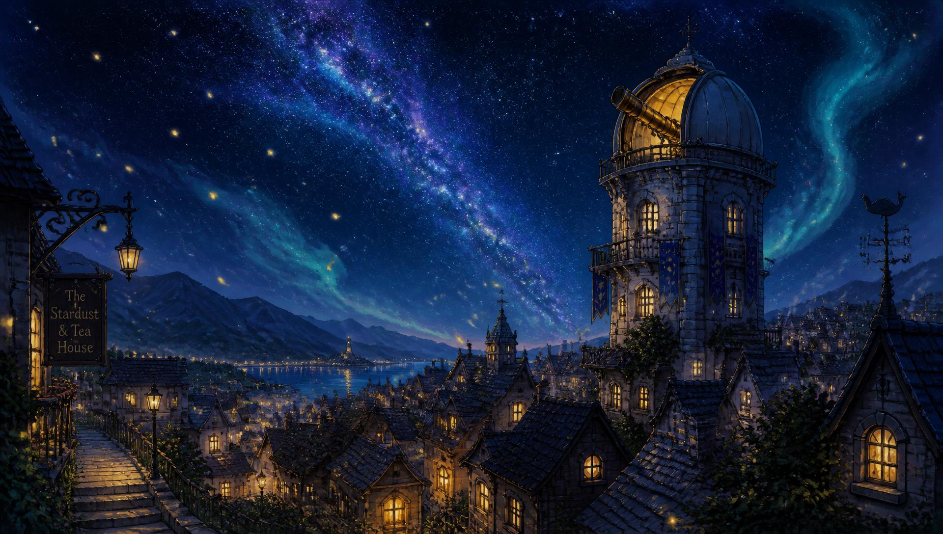 Lumavill at night: lantern-lit rooftops beneath a starfield with the Observatory tower