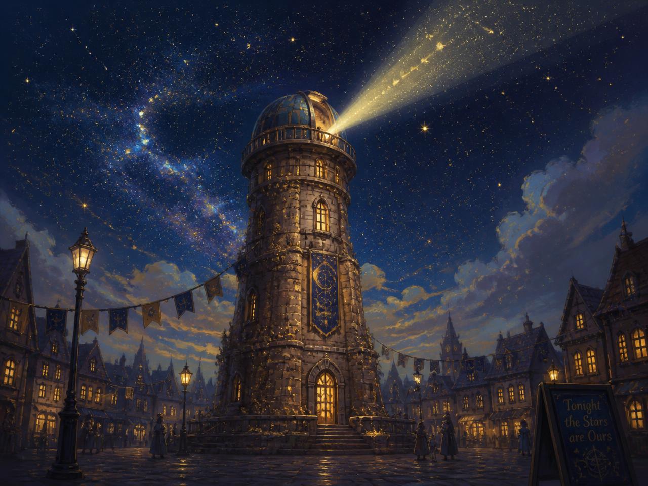 The Observatory tower at the centre of the town square, its light reaching into the stars